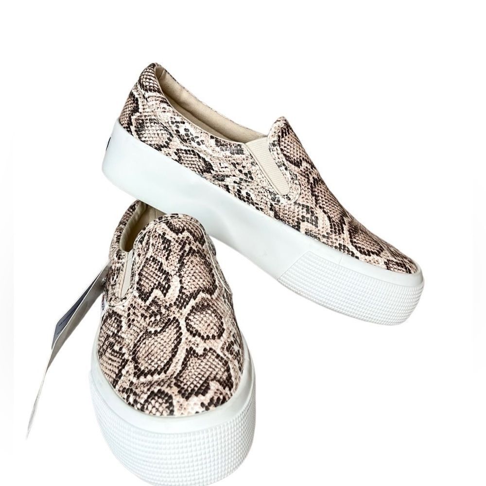 Superga Beige Faux Snakeskin Beige Gray White Platform Slip On Sneakers 5.5‎ NWT